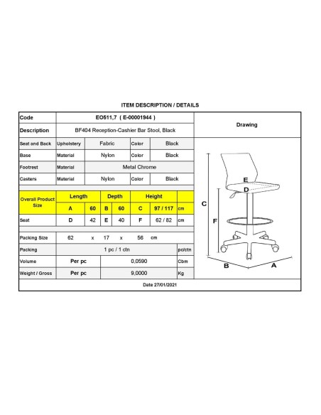BF404 Reception-Cashier Bar Stool, Black