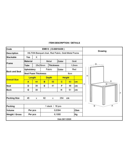 HILTON Banquet chair-Gold Metal Frame-Red Fabric