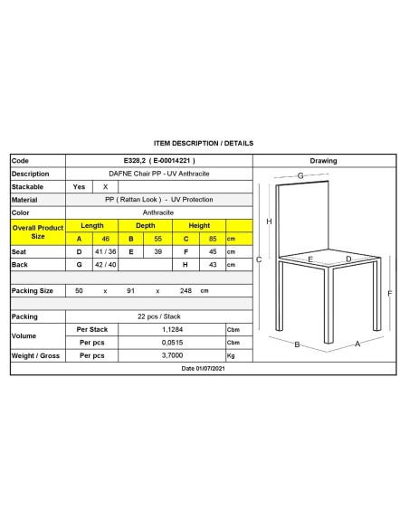 DAFNE Καρέκλα Τραπεζαρίας Κήπου Στοιβαζόμενη, PP Rattan Look UV Protection, Ανθρακί