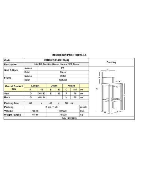 LAVIDA Bar Stool Metal Natural, PP Black