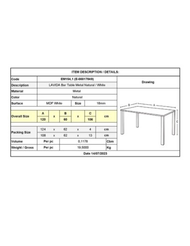 LAVIDA Τραπέζι BAR Μέταλλο Βαφή...