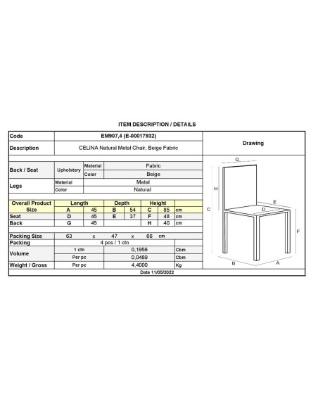 CELINA Καρέκλα Μέταλλο Βαφή Φυσικό, Ύφασμα Μπεζ