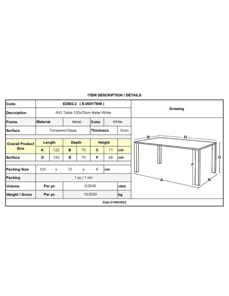 RIO Table 120x70cm Metal White