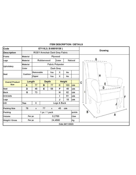 ROSY Armchair Natural - Dark Grey Fabric
