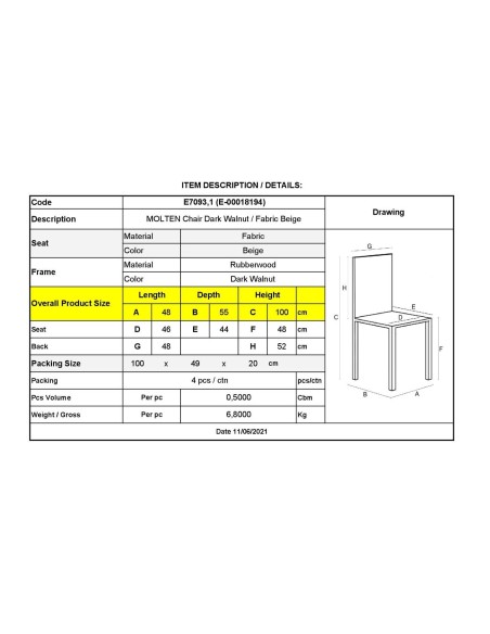 MOLTEN Καρέκλα Καρυδί, Ύφασμα Μπεζ