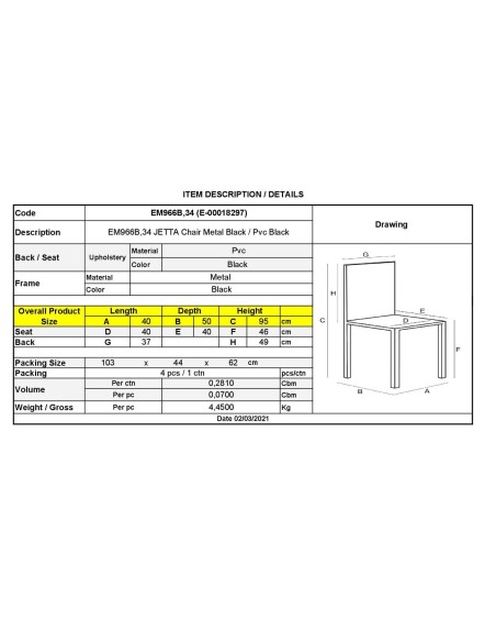 JETTA Καρέκλα Τραπεζαρίας Κουζίνας, Μέταλλο Βαφή Μαύρο Pvc Μαύρο