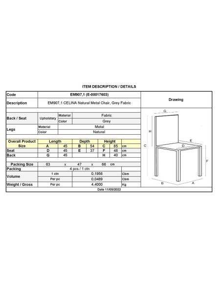 CELINA Natural Metal Chair, Grey Fabric