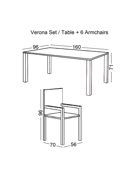 VERONA Set Τραπεζαρία Κήπου: Μέταλλο - Textilene Ανθρακί, :Τραπέζι 160x96 + 6 Πολυθρόνες