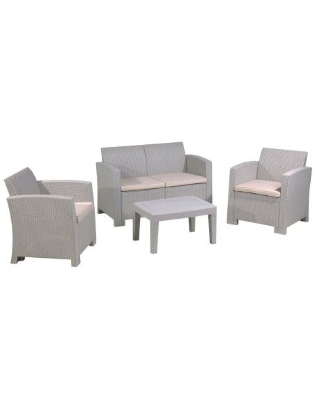 SAVANNA Set K-D (Table+2-Seat Sofa+2 Armchairs) PP-UV Sand Grey-Cushions Beige