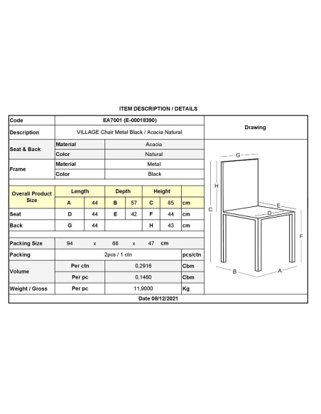 VILLAGE Καρέκλα Τραπεζαρίας, Μέταλλο Βαφή Μαύρο, Ξύλο Ακακία Απόχρωση Φυσικό