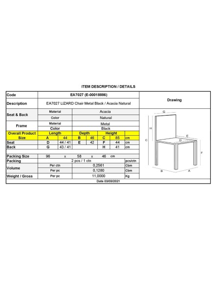 LIZARD Καρέκλα Τραπεζαρίας Μέταλλο Βαφή Μαύρο, Ξύλο Ακακία Φυσικό