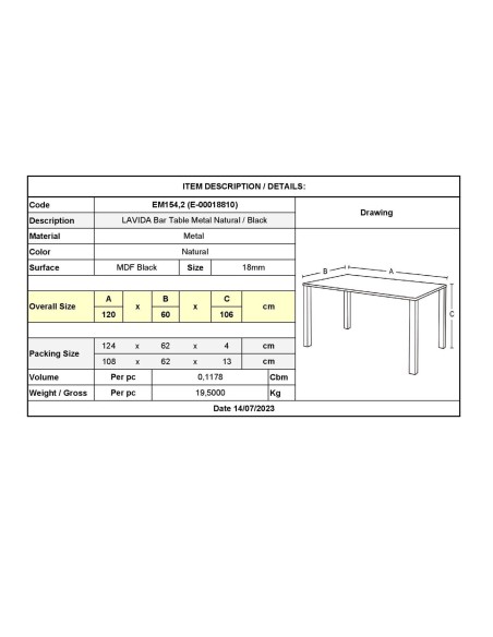LAVIDA Τραπέζι BAR Μέταλλο Βαφή Φυσικό, Μαύρο MDF