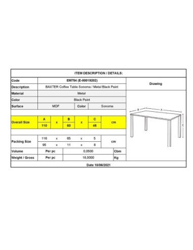 BAXTER Coffee Table 110x60cm Sonoma...