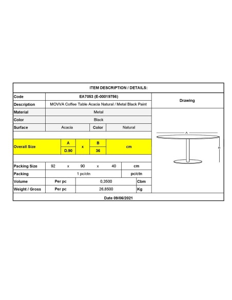 MOVVA Τραπεζάκι Σαλονιού Καθιστικού, Μέταλλο Βαφή Μαύρο, Ξύλο Ακακία Φυσικό
