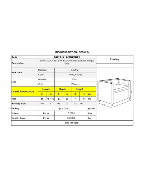 CHESTERFIELD Birmingham Πολυθρόνα Σαλονιού Καθιστικού, Δέρμα Antique Grey