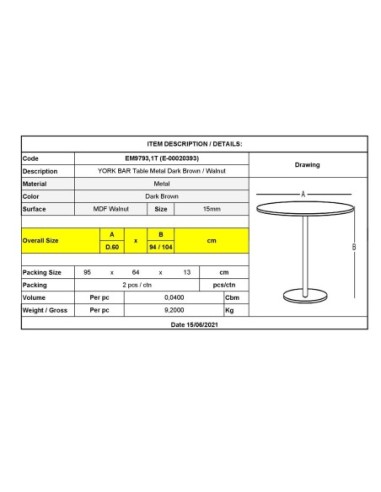 YORK Τραπέζι BAR Μέταλλο Βαφή Σκούρο...