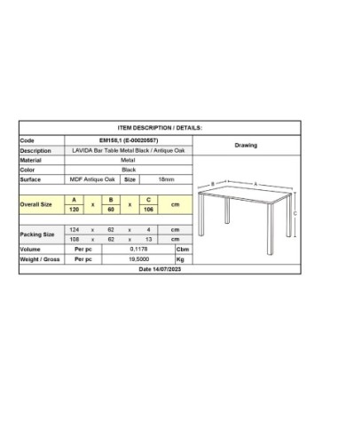 LAVIDA Τραπέζι BAR Μέταλλο Βαφή...