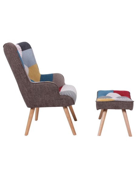 MARON Set: Πολυθρόνα Μπερζέρα + Σκαμπό Υποπόδιο, Ξύλο Φυσικό, Ύφασμα Patchwork