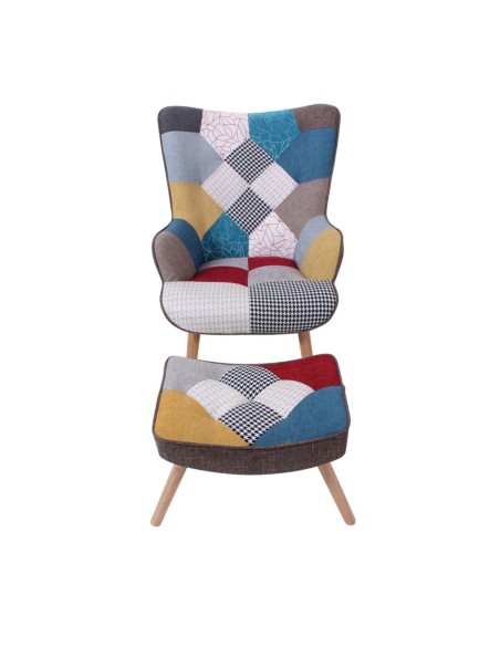 MARON Set: Πολυθρόνα Μπερζέρα + Σκαμπό Υποπόδιο, Ξύλο Φυσικό, Ύφασμα Patchwork