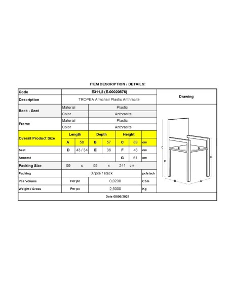 TROPEA Πολυθρόνα Τραπεζαρίας Κήπου - Βεράντας Στοιβαζόμενη, PP Απόχρωση Ανθρακί