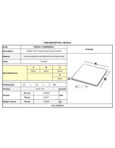 TABLE TOP Contract Sliq 60x60cm-16mm Cement
