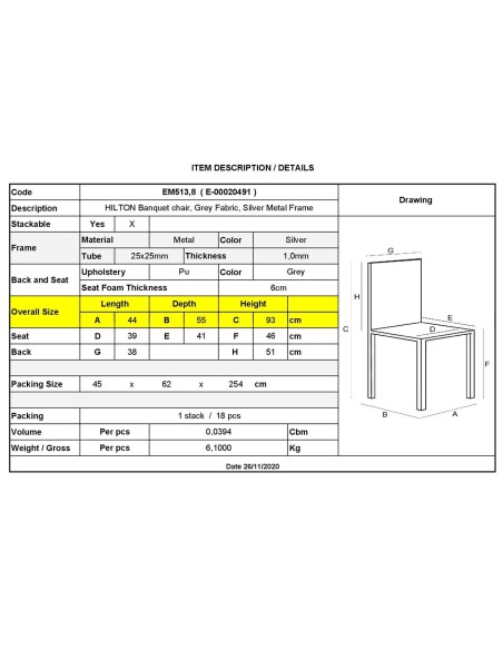 HILTON Banquet chair-Silver Metal Frame-Grey Fabric