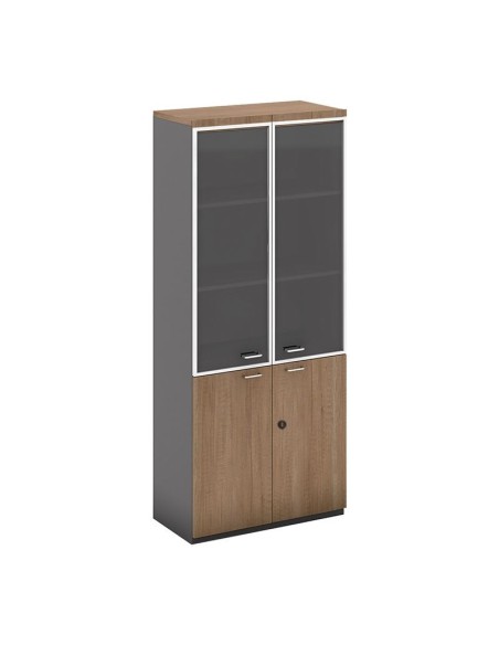 PROLINE Βιβλιοθήκη Γραφείου, 3 Ράφια Πόρτες Γυαλί, Ντουπάπι, Απόχρωση Καρυδί Δρυς - Μαύρο