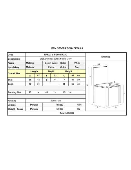 MILLER Καρέκλα Οξιά Άσπρο, Ύφασμα Γκρι