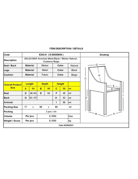 SALSA MAX Armchair Metal Black-Wicker Natural, Cushions Beige