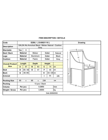 SALSA Alu STACK Armchair Black-Wicker Natural, Cushion Grey