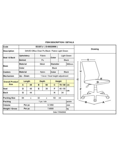 DAVID Office Chair Pu Black-Fabric...