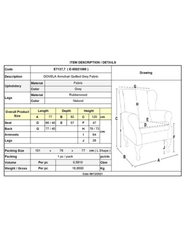 DOVELA Armchair Quilted Fabric Grey