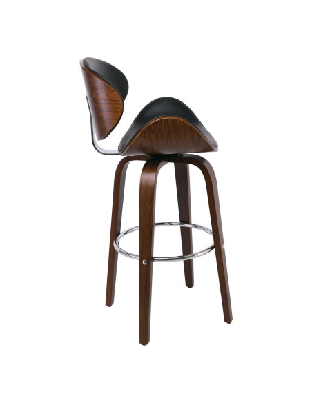 GOMEZ Σκαμπό BAR με Πλάτη, Απόχρωση Καρυδί, PU Μαύρο Περιστρεφόμενο