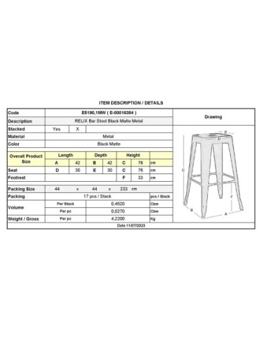 RELIX Σκαμπό Bar Στοιβαζόμενο,...
