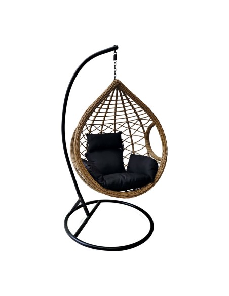 MADRID Κρεμαστή Πολυθρόνα, Wicker Φυσικό, Μέταλλο Βαφή Μαύρο, Μαξιλάρι Μαύρο