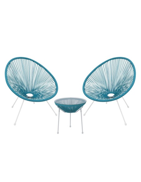 ACAPULCO Set Κήπου - Βεράντας: Τραπέζι + 2 Πολυθρόνες Μέταλλο Άσπρο - Rattan Μπλε