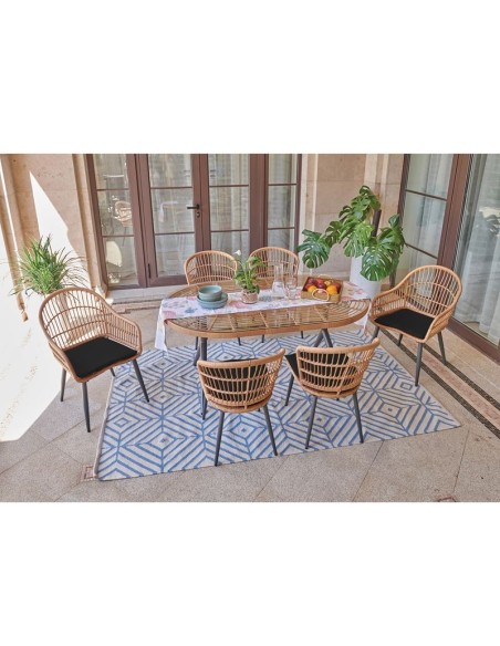 SALSA Dining Set (1+2+4) Metal Black-Wicker Natural, Cushions Black