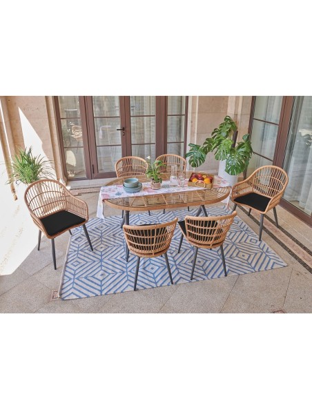 SALSA Dining Set (1+2+4) Metal Black-Wicker Natural, Cushions Black
