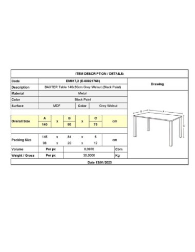 BAXTER Table 140x80cm Grey Walnut...