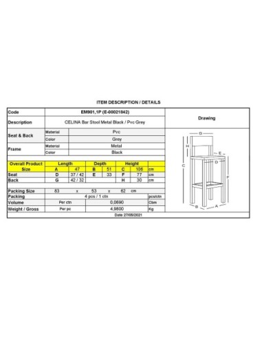 CELINA Bar Stool Black Metal, Grey Pvc