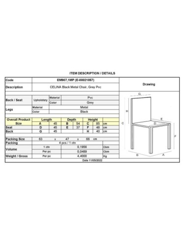 CELINA Black Metal Chair, Grey Pvc