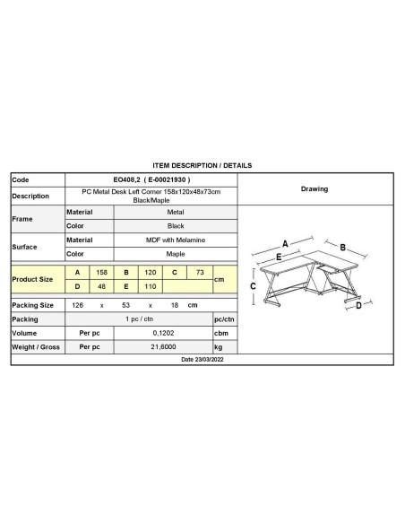PC Corner Metal Desk 158x120x48x73cm Black-Maple
