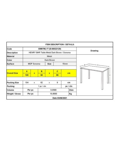 HENRY BAR Table 100x60cm Metal...