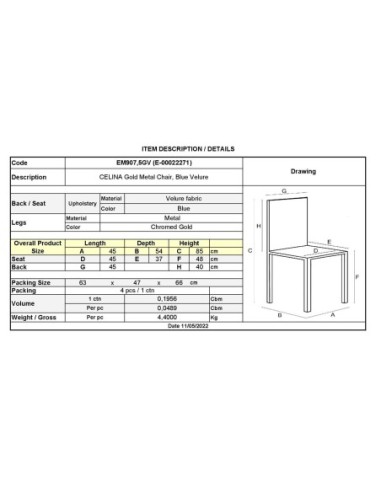 CELINA Gold Metal Chair, Blue Velure