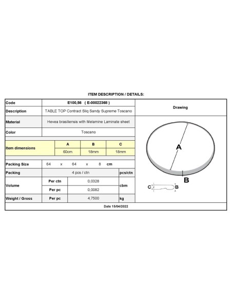 TABLE TOP Contract Sliq Sandy Supreme D.60cm-18mm Toscano