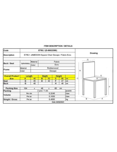 JAMESON Square Chair Decape-Fabric Ecru
