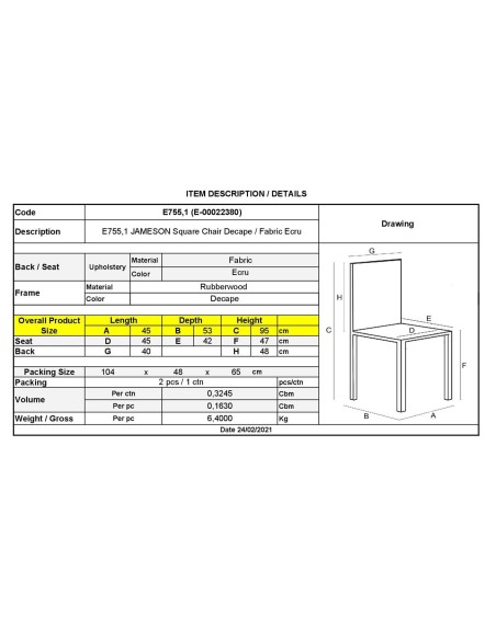 JAMESON Square Chair Decape-Fabric Ecru