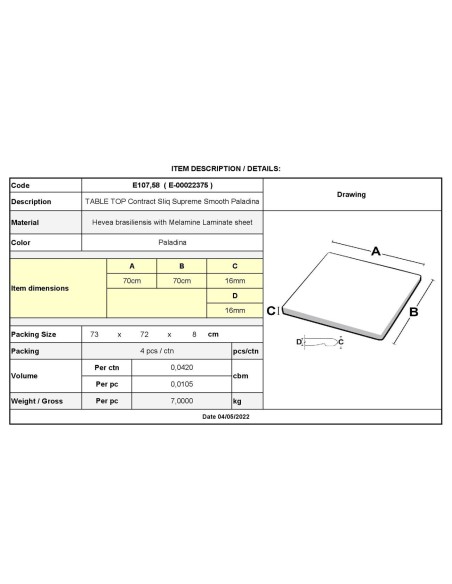 TABLE TOP Contract Sliq Supreme 70x70cm-16mm Paladina