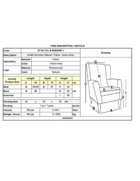 ALMA Armchair Natural - Velure Grey (K-D)