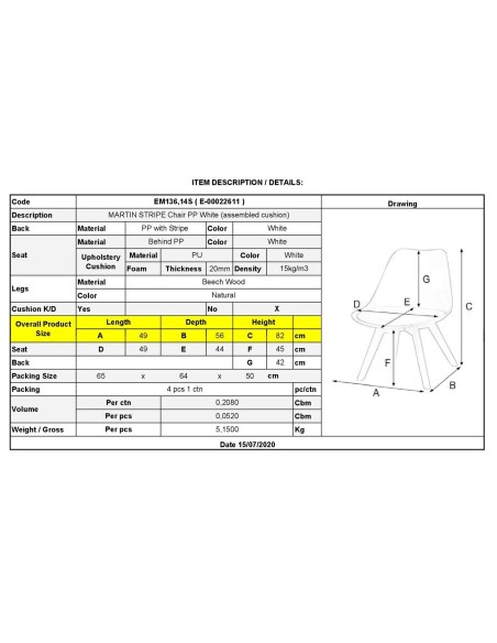 MARTIN STRIPE Chair PP White (assembled cushion)
